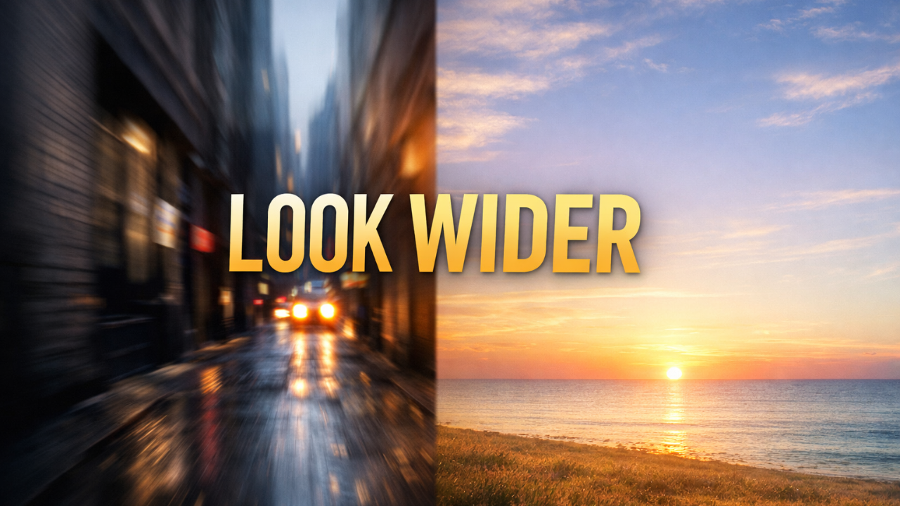 Narrow focus and panoramic vision comparison with city and ocean view